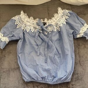 Blue Stripe Lace-Trim Off-Shoulder Women's Top